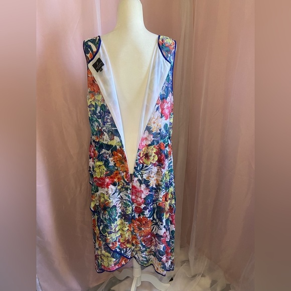 Adrianna Papell Floral Print Asymmetrical Fit & Flare Dress Lettuce Trim - Picture 13 of 14